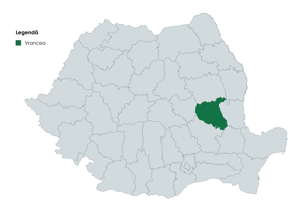 Hartă a României cu județul Vrancea evidențiat în verde în estul țării